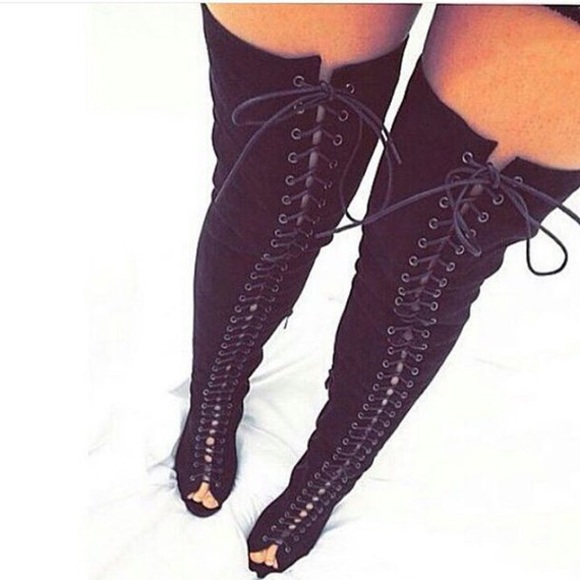 black lace up thigh boots